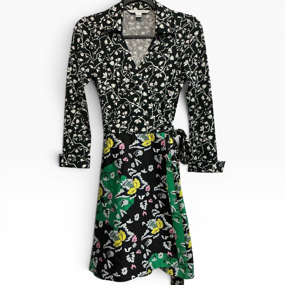 Diane Von Furstenberg Silk Amelianna DVF Wrap Dress‎ Floral DVF Black Green 4 S